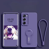 Purple smartphone and matching case with a kickstand and wrist strap.