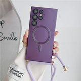 Purple smartphone case with a magnetic ring and a lanyard.