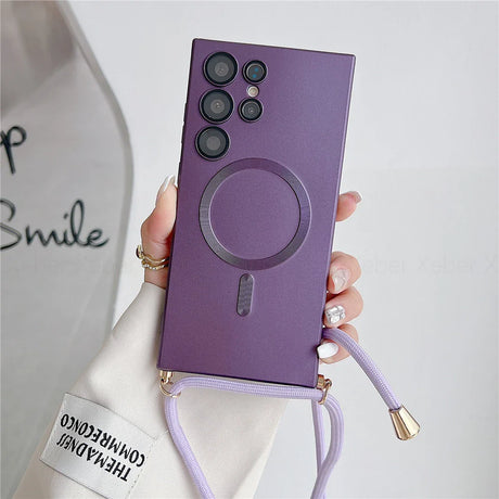Purple smartphone case with a magnetic ring and a lanyard.