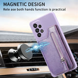 Purple smartphone case with a magnetic attachment feature and a zipper pocket.