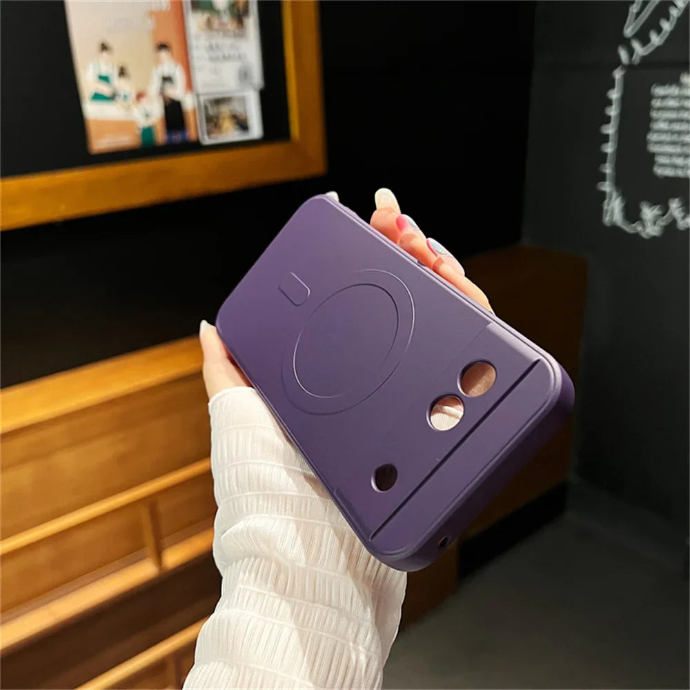 Purple smartphone case with a smiley face design and camera cutouts.