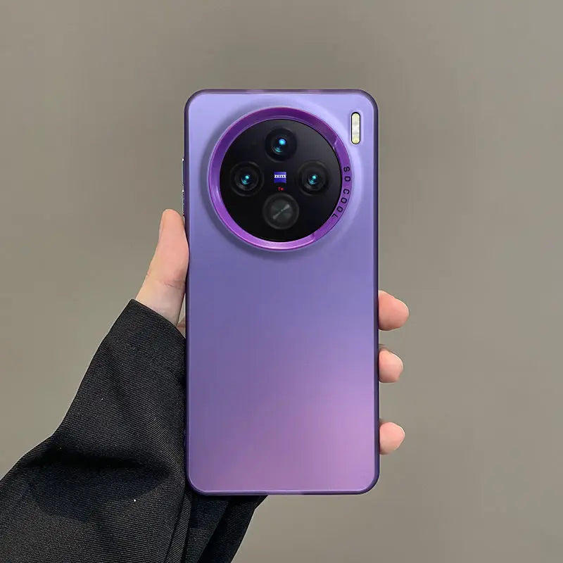 Purple smartphone with a distinctive circular camera module featuring multiple lenses.