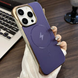 Purple smartphone with a gold-trimmed camera module and a lightning bolt symbol on the back.