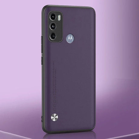 Purple smartphone with a triple camera system and a black bumper case.