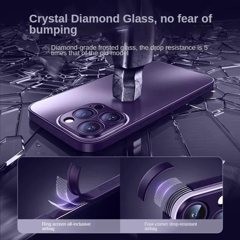 Purple smartphone with a triple camera setup and protective glass screen.