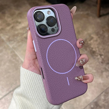 Purple textured phone case with a visible MagSafe ring and camera cutouts.