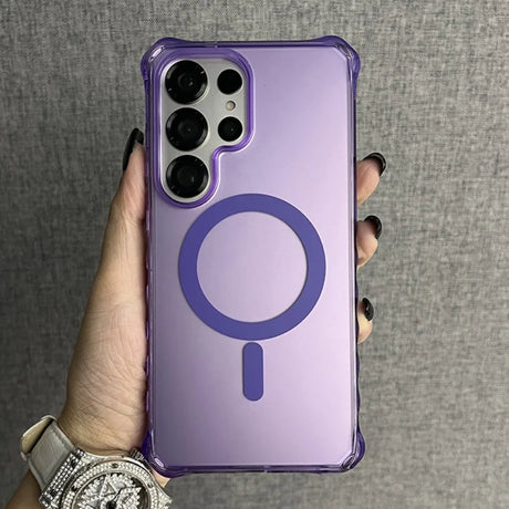 Purple translucent phone case with a Magsafe ring and reinforced corners.