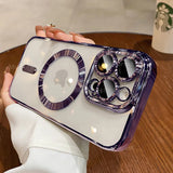 Purple-trimmed clear phone case with camera lens protectors.