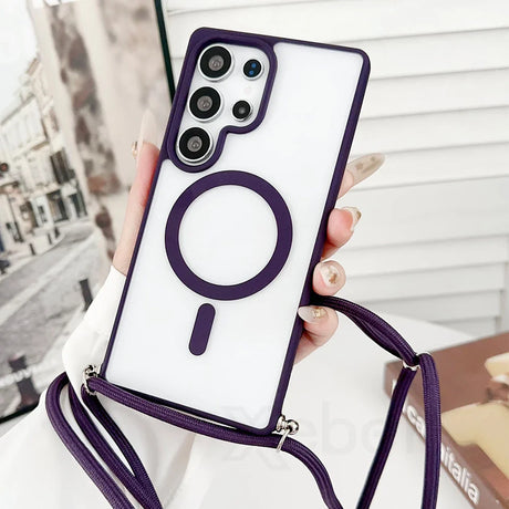 Purple-trimmed phone case with magnetic ring and lanyard.