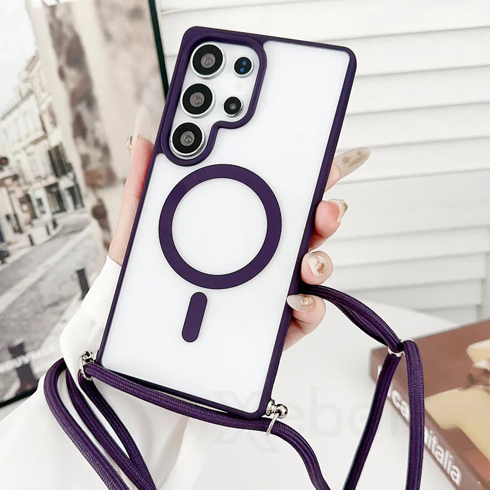 Purple-trimmed phone case with magnetic ring and lanyard.