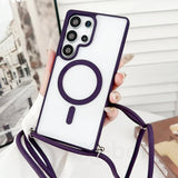 Purple-trimmed phone case with magnetic ring and lanyard.