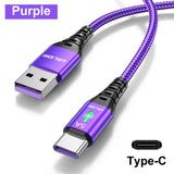 a purple type c cable with a black and white logo