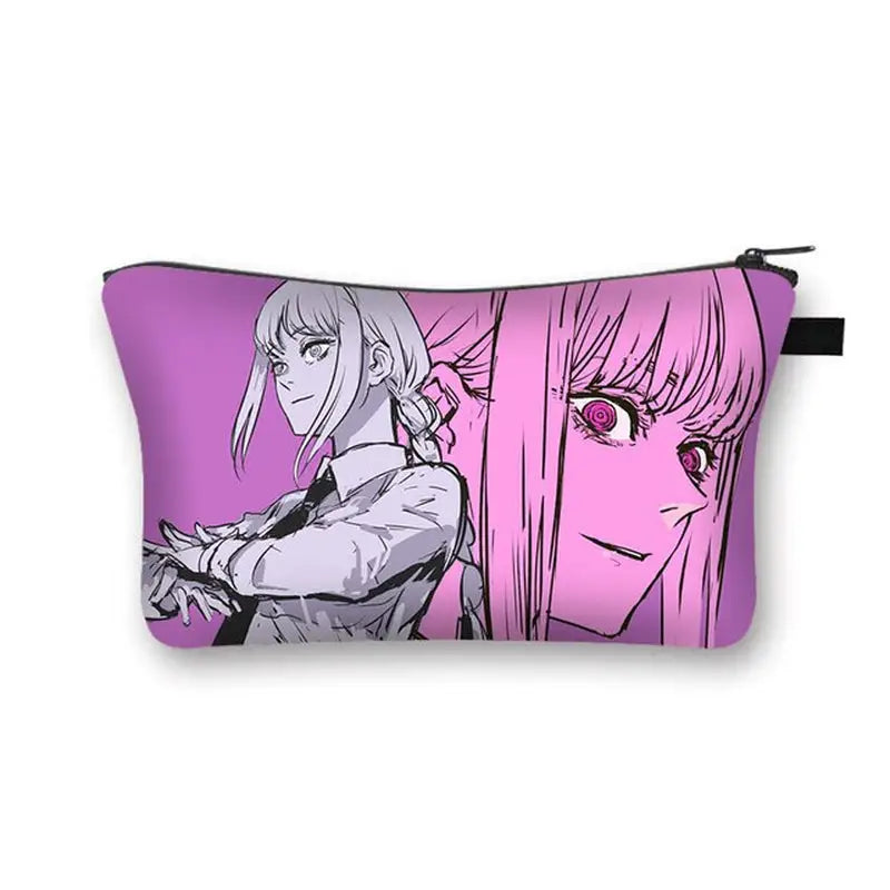 a pink and black anime makeup bag with two girls