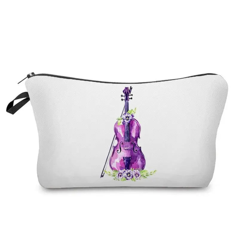 a white cosmetic bag with a purple violin on it
