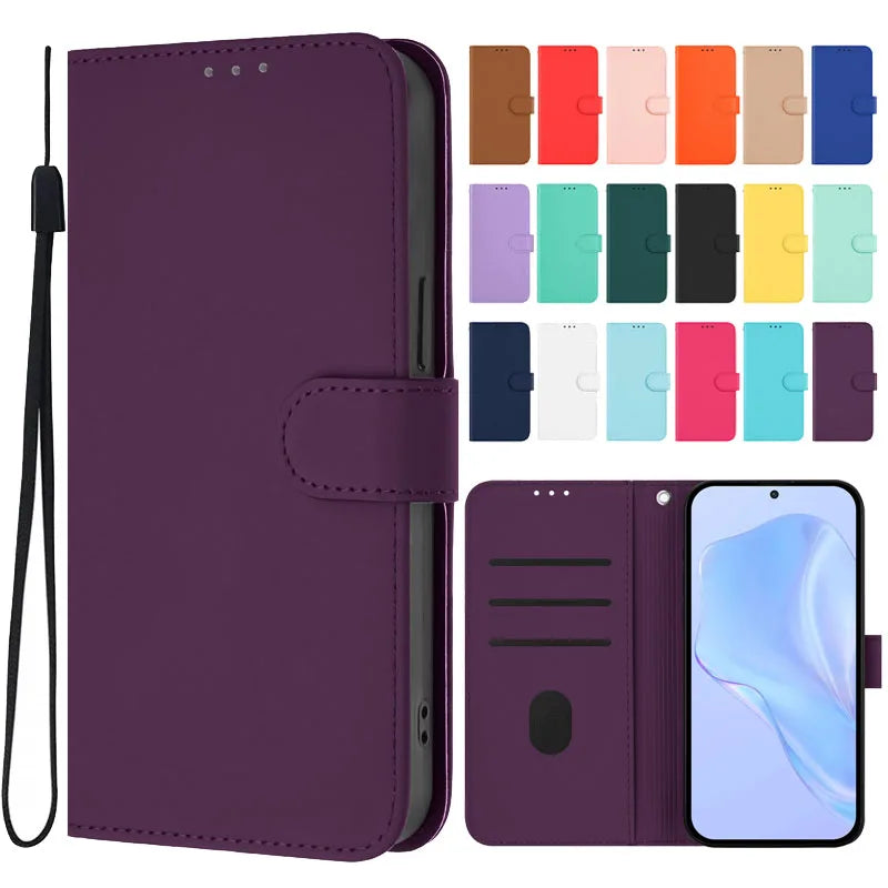 Purple wallet-style phone case with wrist strap and multiple color options.