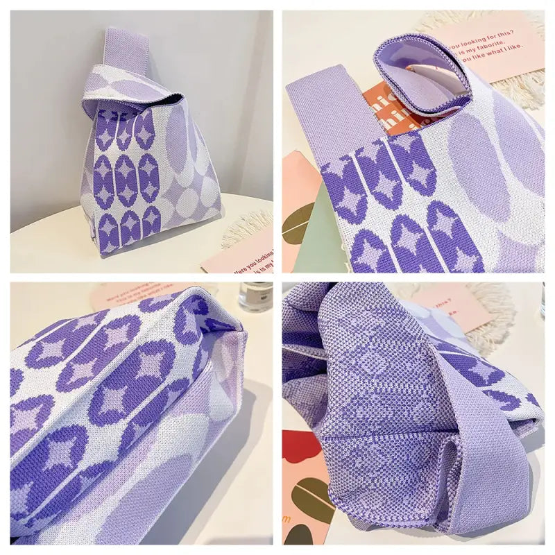 a purple and white bag with a pattern on it