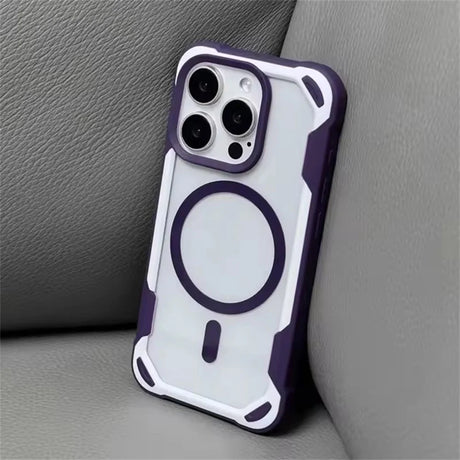 Purple and white clear iPhone case with camera cutouts and MagSafe ring.
