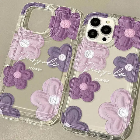 A purple and white iphone case with purple flowers