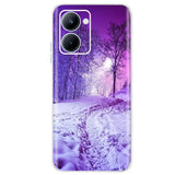a purple winter scene with snow and trees phone case