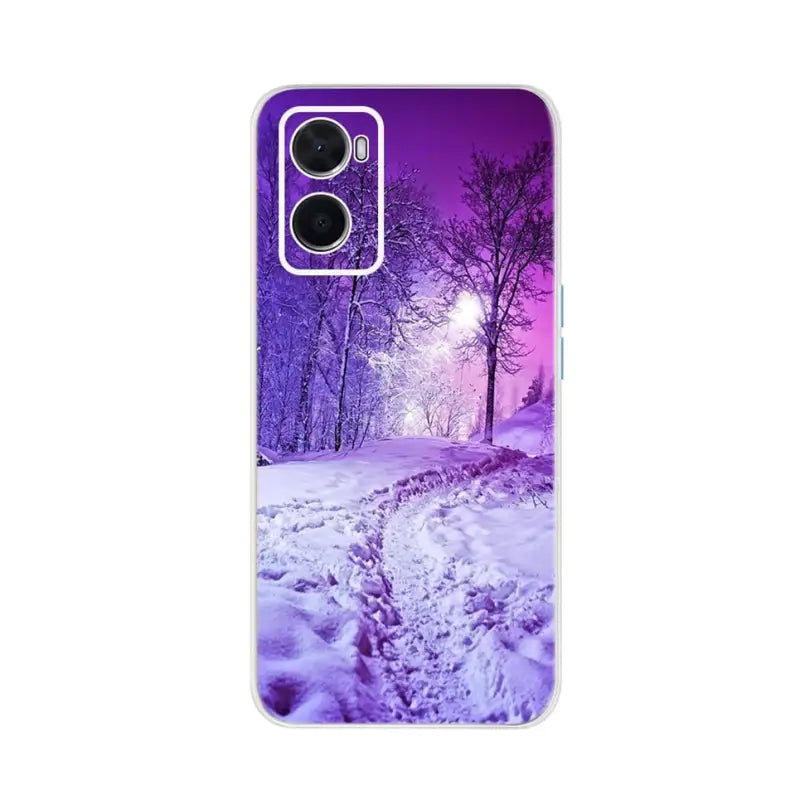 a purple winter scene with a path leading to a bright moon