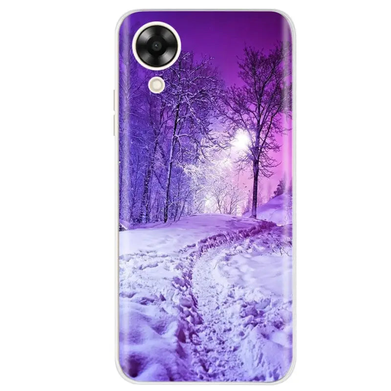 a purple winter scene with snow covered trees and a purple sky with a full moon in the background