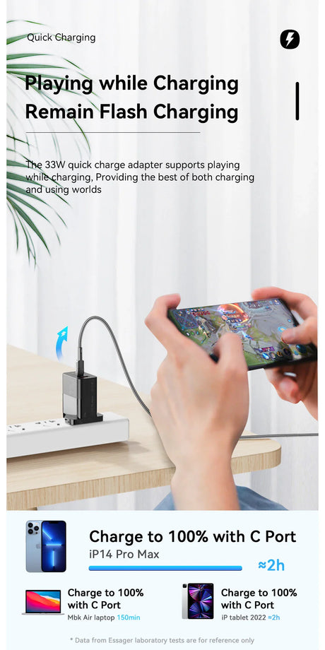 Quick charging adapter that allows playing mobile games while charging the device.