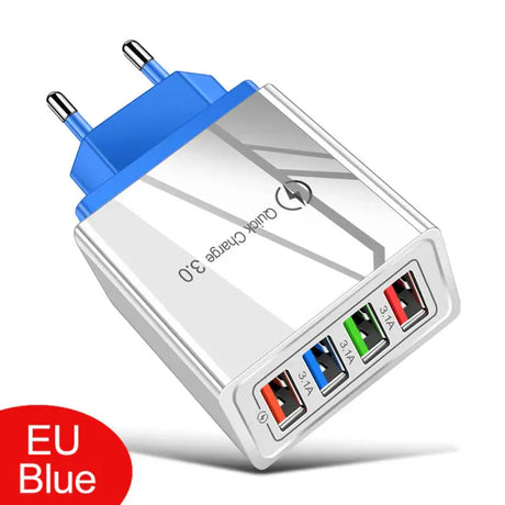 a white and blue usb charger with four different colors