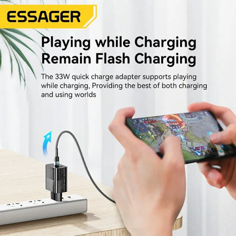 Quick charge adapter that allows playing mobile games while charging.