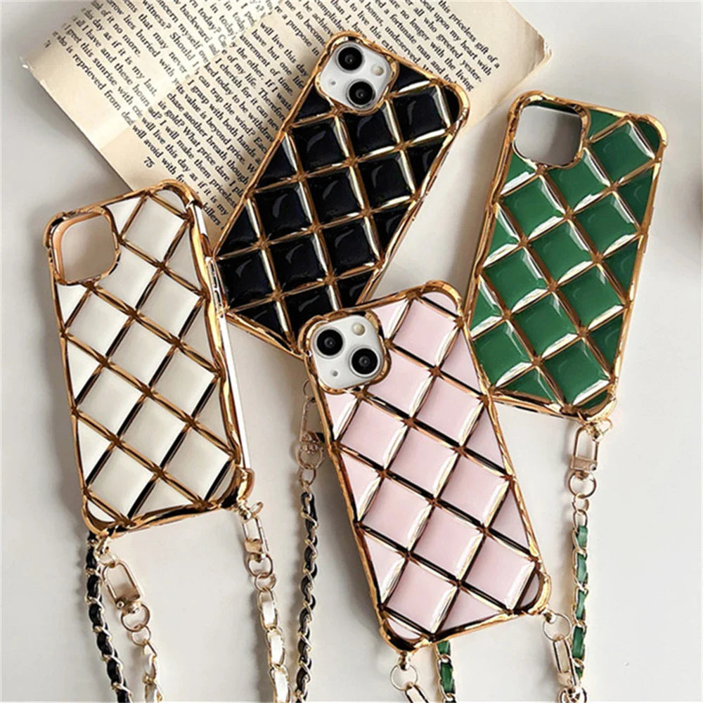 Quilted phone cases with chain straps.