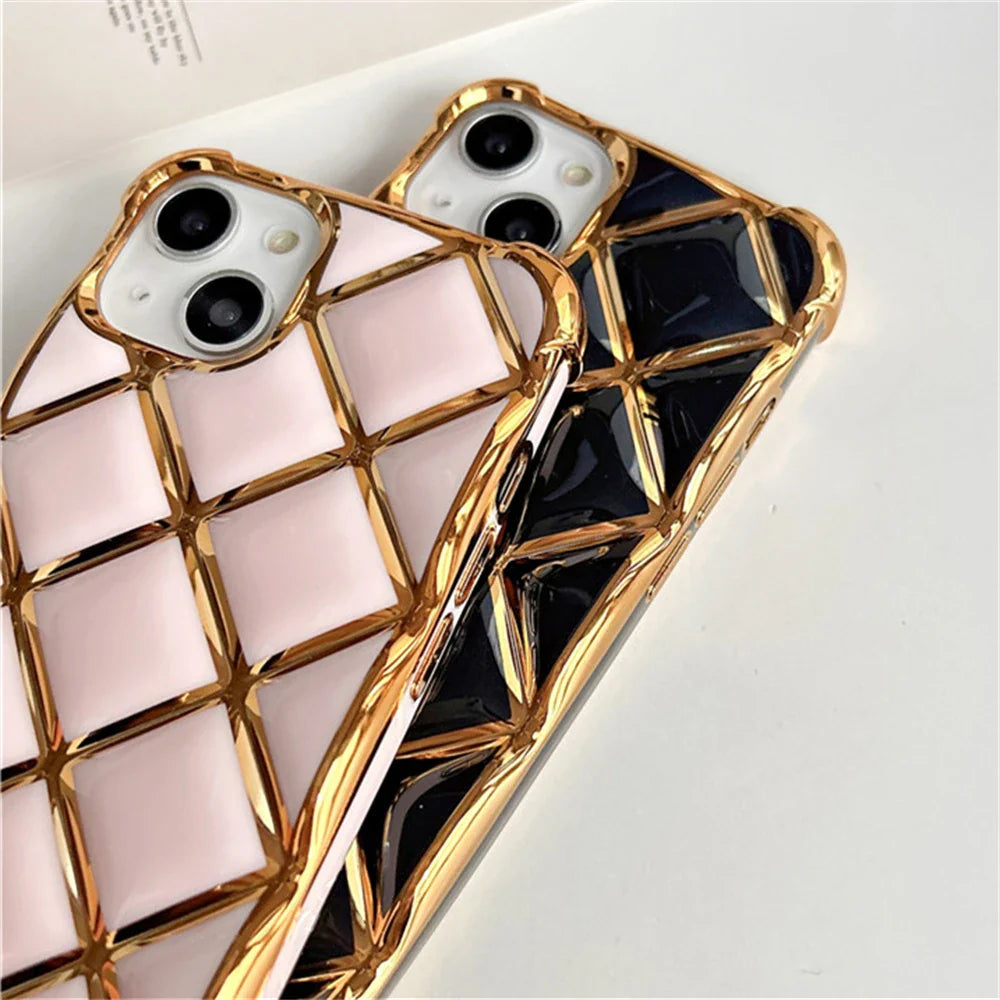 Quilted phone cases with gold trim.