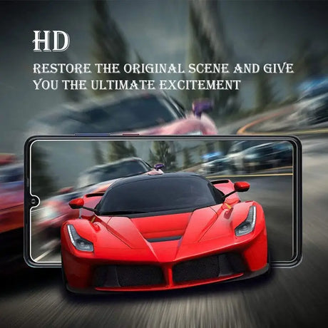 a red car driving down a road with the text, restore the original scene give your ultimate excitement