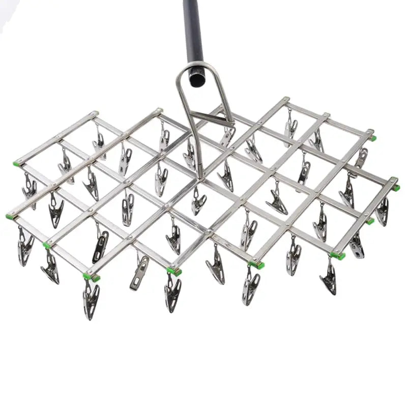 a metal rack with several hooks and hooks