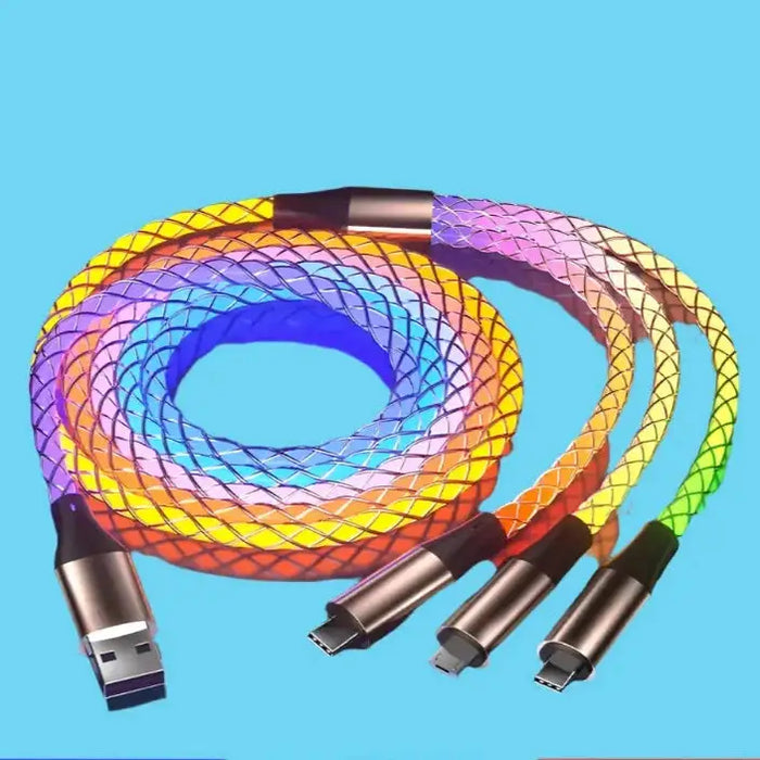 Rainbow-colored led charging cable with a woven mesh design and multiple connectors including usb-a, lightning, and type-c.