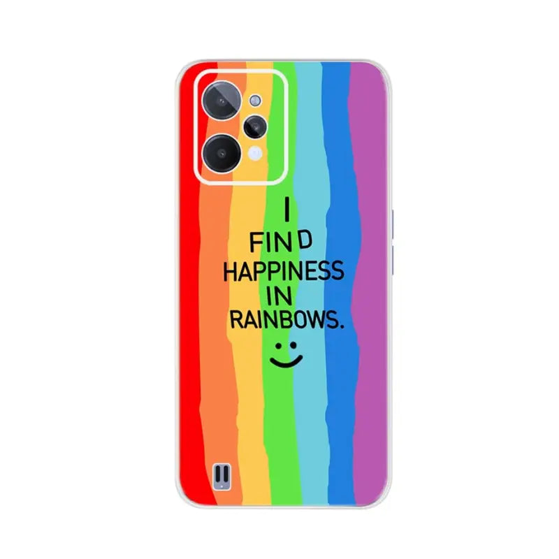 a colorful phone case with a rainbow stripe pattern and a quote