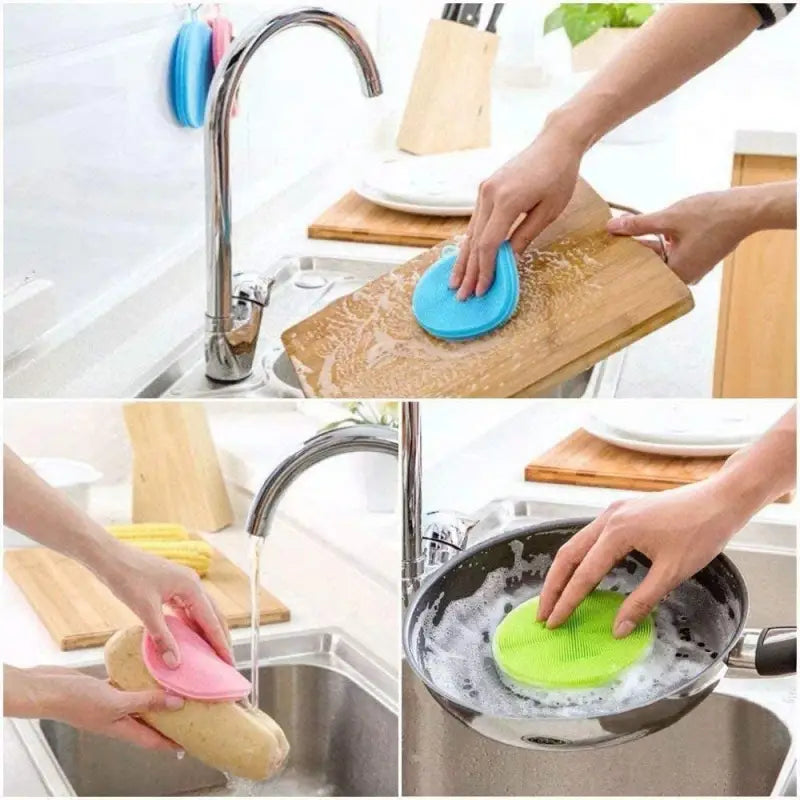 a col of four images showing how to clean a sink