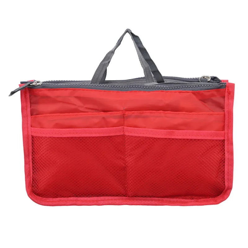 a red bag with a zipper closure