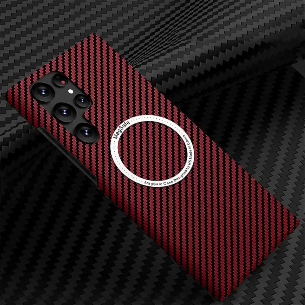 a red and black carbon fiber case with a circular logo on the back