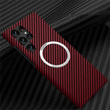 a red and black carbon fiber case with a circular logo on the back