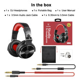 Red and black over-ear DJ headphones with a metal headband and cushioned earcups.