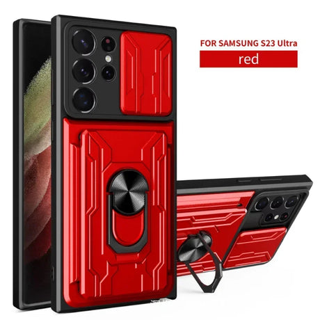 Red and black protective case with a ring holder for the Samsung S23 Ultra smartphone.