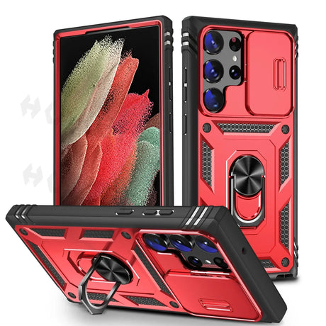 Red and black protective case for a smartphone with multiple camera lenses and a built-in ring stand.