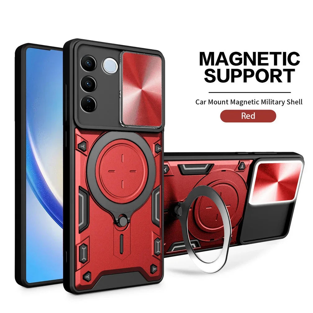 Red and black protective phone case with magnetic support and a built-in ring holder.