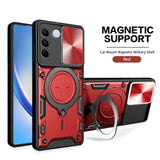 Red and black protective phone case with magnetic support and a built-in ring holder.