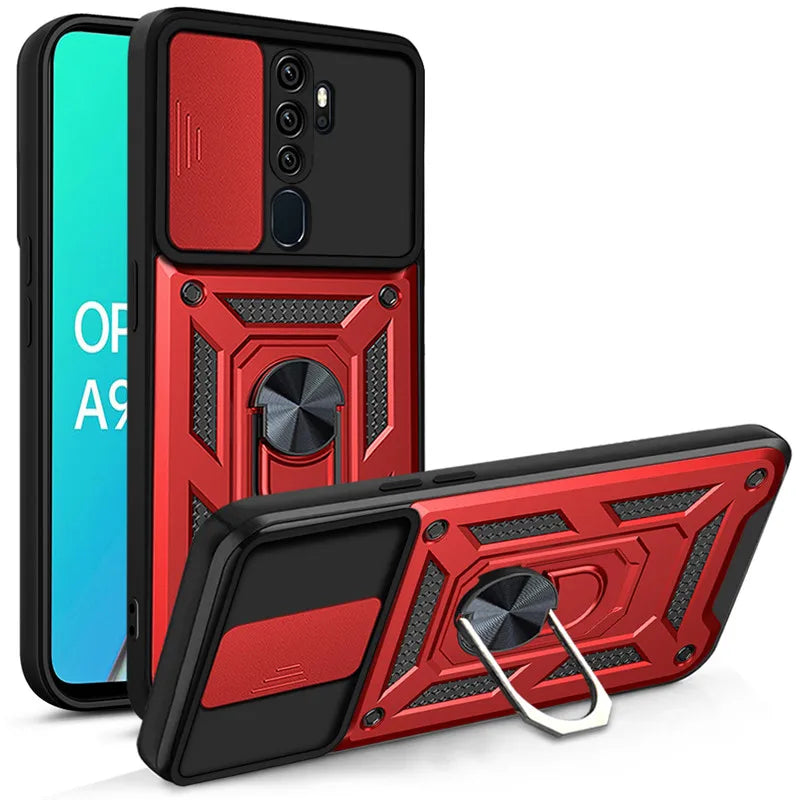 Back view of red and black shockproof armor case for oppo with magnetic ring stand and camera slide protection
