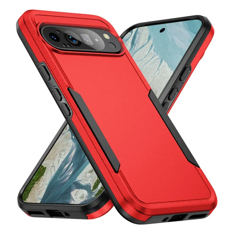 Red and black rugged phone case with camera and port cutouts.