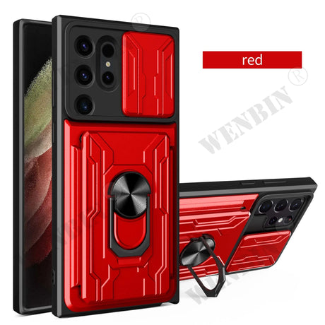 Red and black smartphone case with a built-in ring holder and camera protection.