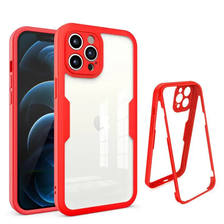 Red-bordered transparent protective case for an iPhone.