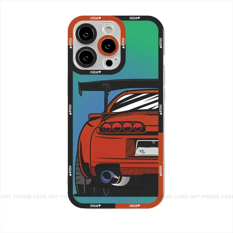 a red car with a blue sky background and a green background for the iphone case