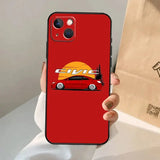 a red car phone case with a hand holding it