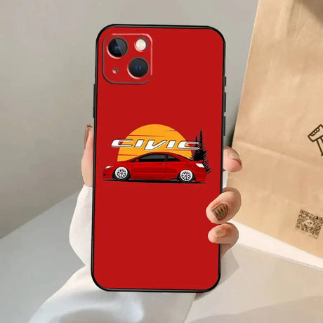 A red car phone case with a hand holding it